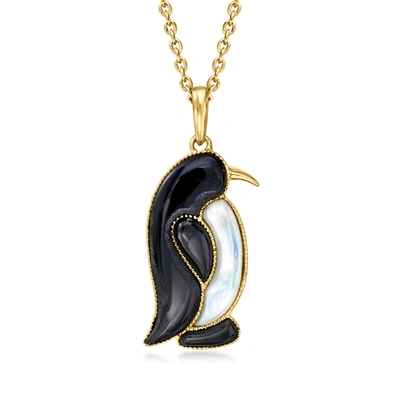 Shop Ross-simons Onyx And Mother-of-pearl Penguin Pendant Necklace In 18kt Gold Over Sterling In Black