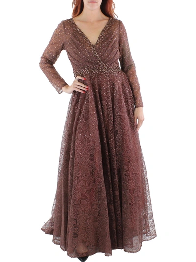 Shop Mac Duggal Womens Lace Overlay Long Evening Dress In Brown