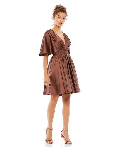 Shop Ieena For Mac Duggal Satin Flowy Cape Sleeve Mini Dress In Brown