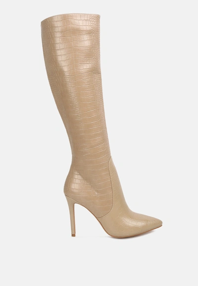 Shop London Rag Indulgent High Heel Croc Calf Boots In Beige