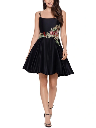 Shop Blondie Nites Juniors Womens Satin Embroidered Mini Dress In Black