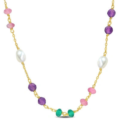 Mimi & Max 4 1/2ct Tgw Amethyst Green Onyx Pink Tourmaline Beads And 4-5.5mm Cultured Freshwater Pearl Necklace In Pink