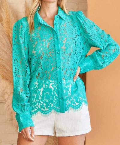 Shop Savanna Jane Andree By Unit Crochet Lace Button Down Shirt In Emerald In Blue
