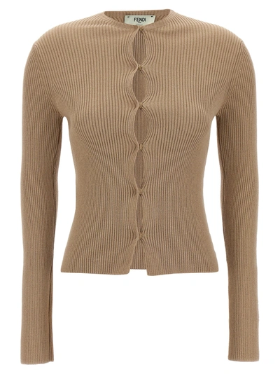 Shop Fendi Ribbed Cardigan Sweater, Cardigans Beige