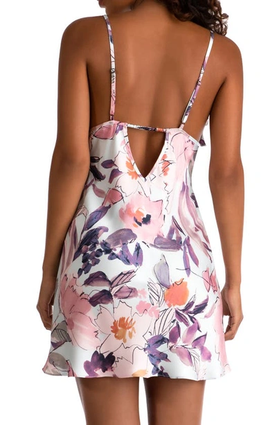 Shop Midnight Bakery Shea Floral Ruffle Trim Tie Front Satin Chemise In Leticia Floral/ Blue