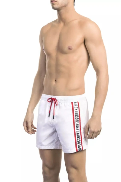 Shop Bikkembergs Elegant White Swim Shorts With Iconic Tape Men's Detail