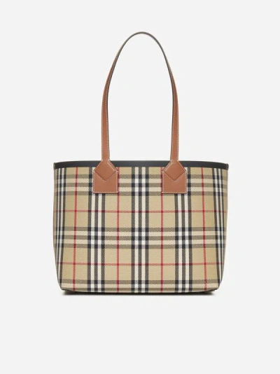 Shop Burberry Check Motif Canvas Small Tote Bag In Beige,tan