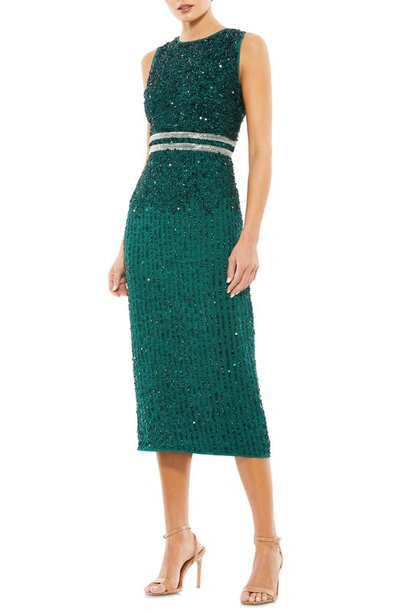 Shop Mac Duggal Sequin Sleeveless Sheath Midi Cocktail Dress In Deep Emerald