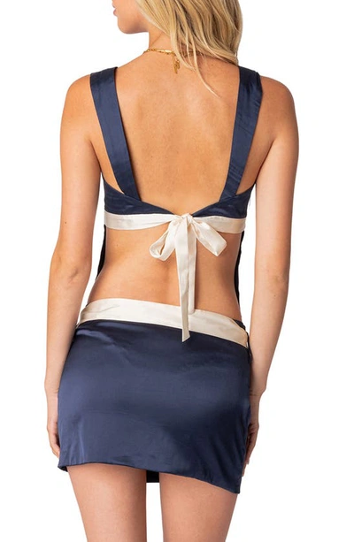Edikted Natalia Bow Open Back Satin Top In Navy