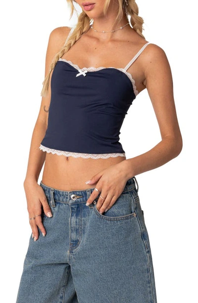 Shop Edikted Alara Lace Trim Crop Camisole In Navy