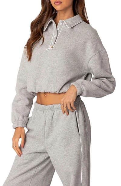 Shop Edikted Oversize Crop Polo Sweatshirt In Gray-melange