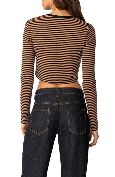 Edikted Montie Stripe Long Sleeve Stretch Cotton Crop Top In Brown