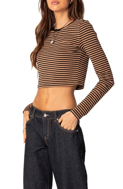 Edikted Montie Stripe Long Sleeve Stretch Cotton Crop Top In Brown