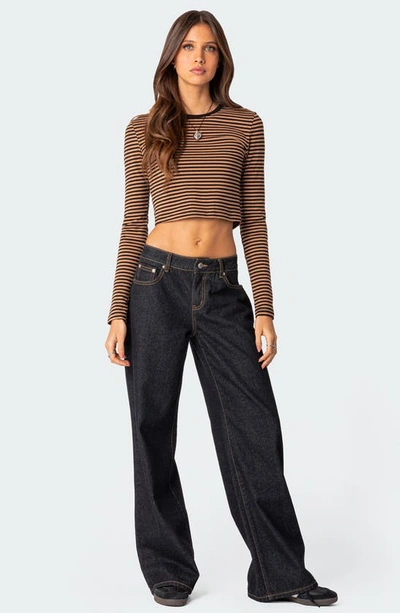 Edikted Montie Stripe Long Sleeve Stretch Cotton Crop Top In Brown