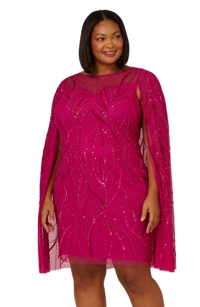 Shop Adrianna Papell Beaded Cape Sleeve Cocktail Dress In Hot Orchid