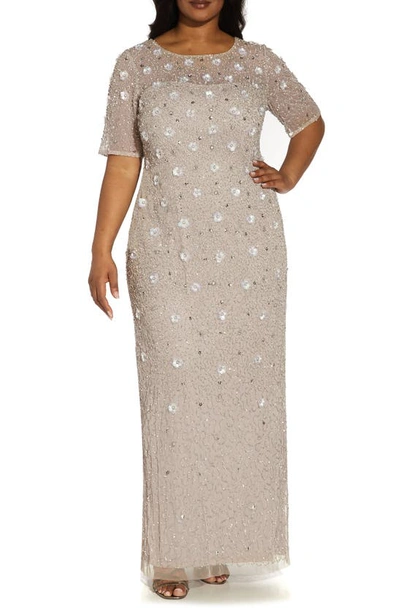 Shop Adrianna Papell 3d Floral Beaded Evening Gown In Marble