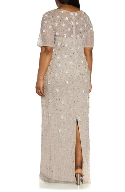 Shop Adrianna Papell 3d Floral Beaded Evening Gown In Marble