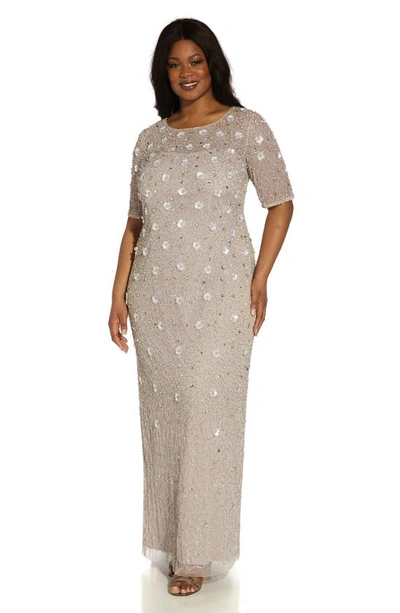 Shop Adrianna Papell 3d Floral Beaded Evening Gown In Marble