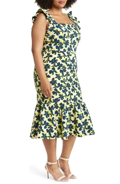 Shop Chelsea28 Print Ruffle Sleeve Midi Dress In Beige- Blue Shadow Floral