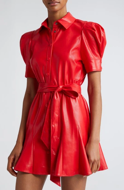 Shop Alice And Olivia Lurlene Puff Sleeve Faux Leather Minidress In Bright Ruby