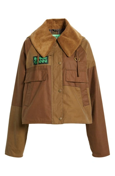 Shop Barbour X Ganni Spey Waxed Cotton Jacket With Removable Corduroy Collar In Tan/ Sand