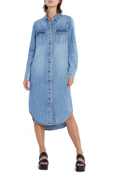 Shop Wash Lab Denim Denim Long Sleeve Maxi Shirtdress In Market Blue