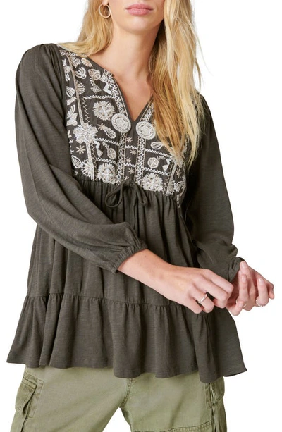 Shop Lucky Brand Embroidered Long Sleeve Top In Raven