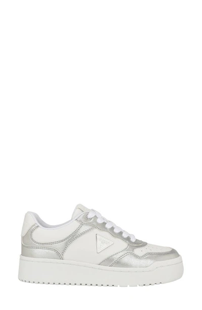 Guess Women's Miram Casual Lace Up Sneakers With Triangle Hardware In White/ Silver