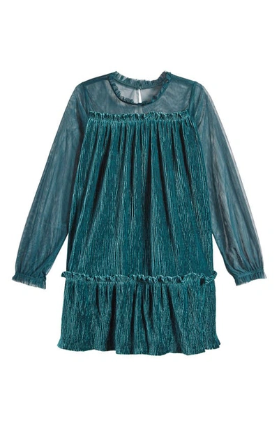 Shop Bcbg Kids' Long Sleeve Plissé Velour Dress In Deep Green