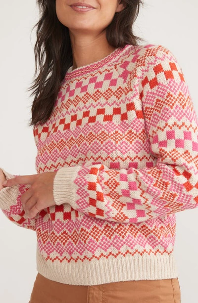 Shop Marine Layer Corralito Crewneck Sweater In Oatmeal/ Pink/ Red