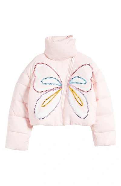 Shop Lola & The Boys Kids' Butterfly Magic Rhinestone Puffer Jacket In Pink