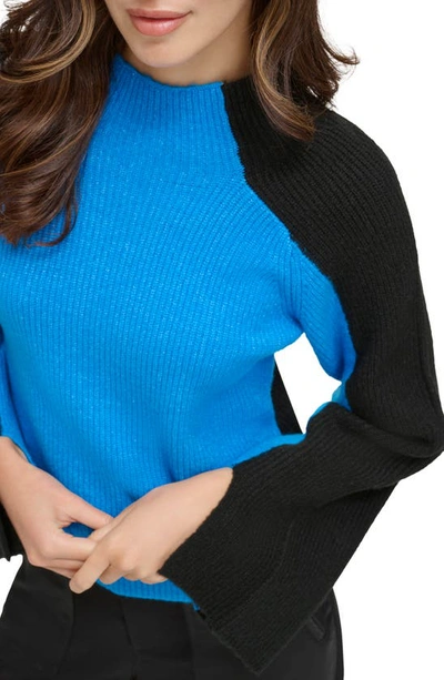 Shop Dkny Colorblock Funnel Neck Sweater In Electric Blue/ Black