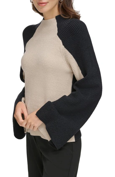 Shop Dkny Colorblock Funnel Neck Sweater In Pebble/ Black