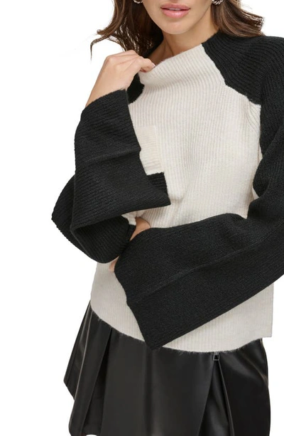 Shop Dkny Colorblock Funnel Neck Sweater In Light City Khaki/ Black