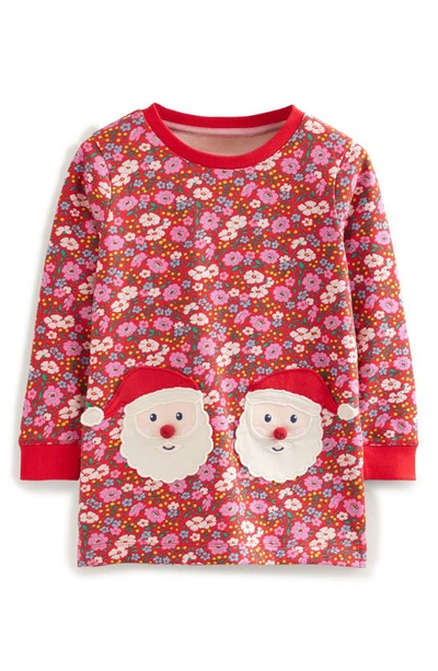 Shop Mini Boden Kids' Floral Santa Appliqué Fleece Tunic Top In Brilliant Red Festive Flower