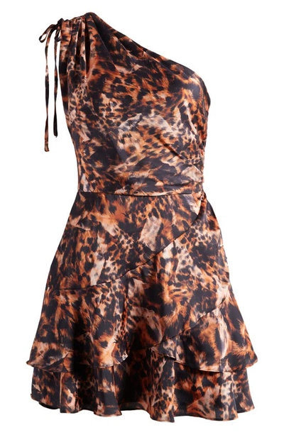 Shop Allsaints Cayla Spark Abstract Animal Print One-shoulder Minidress In Brown