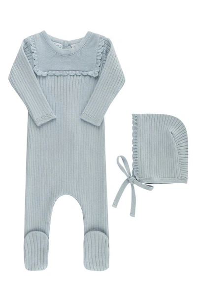 Shop Feltman Brothers Ruffled Yoke Rib Romper & Bonnet Set In Powder Blue