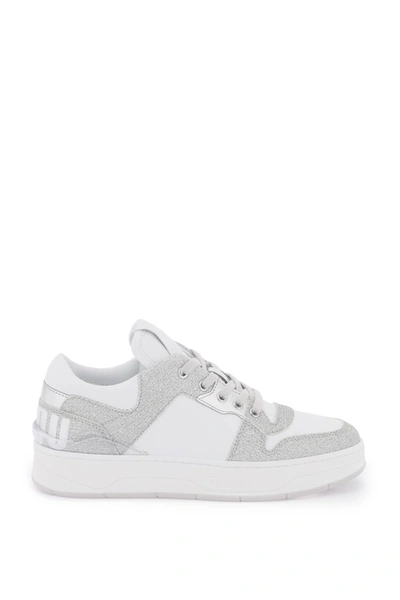 Shop Jimmy Choo 'florent' Glittered Sneakers With Lettering Logo In White, Silver