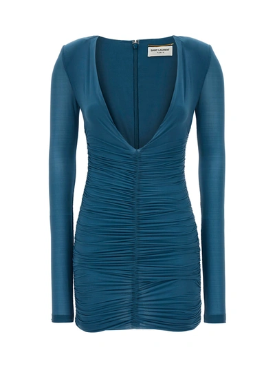 Shop Saint Laurent Draped Jersey Dress Dresses Blue