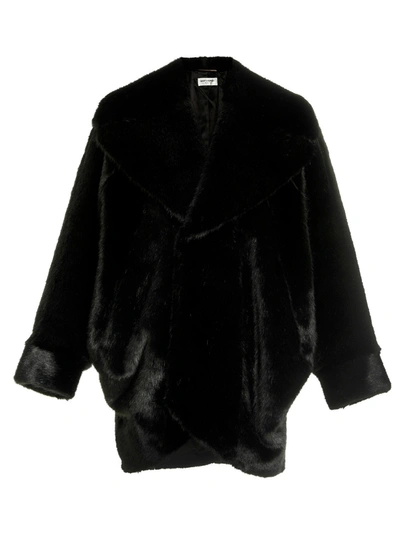 Shop Saint Laurent Oversize Faux  Coat Fur Black