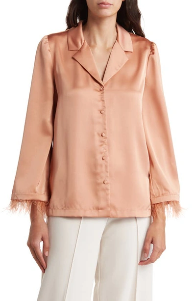 Shop By Design Laine Feather Trim Satin Button-up Top In Copper