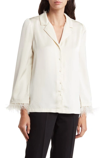 Shop By Design Laine Feather Trim Satin Button-up Top In Ivory