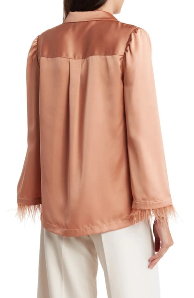 Shop By Design Laine Feather Trim Satin Button-up Top In Copper