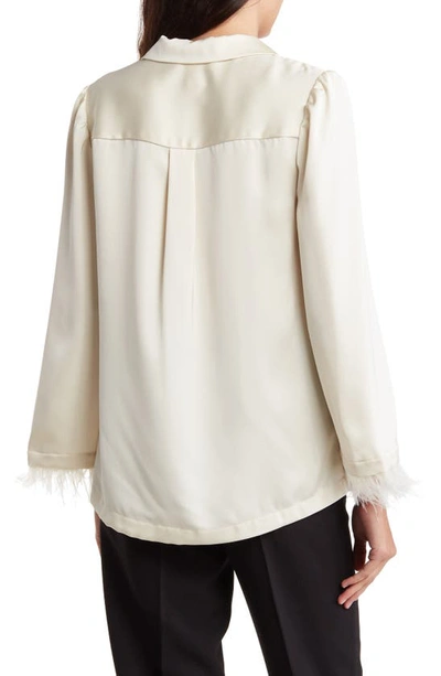 By Design Laine Feather Trim Satin Button-up Top In Ivory