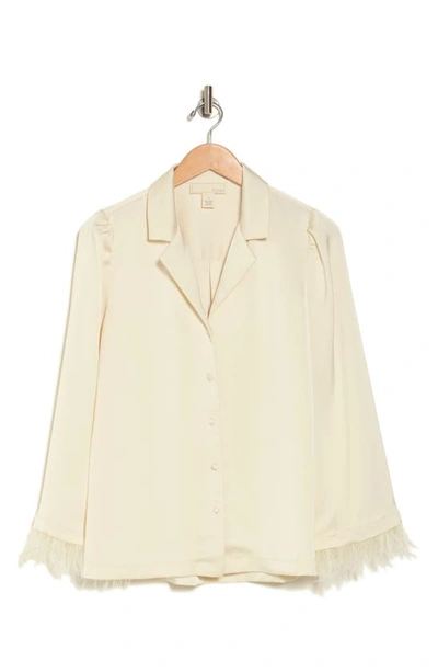 By Design Laine Feather Trim Satin Button-up Top In Ivory