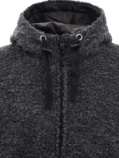 Shop Junya Watanabe Textured Drawstring Zipped Hoodie In Grey