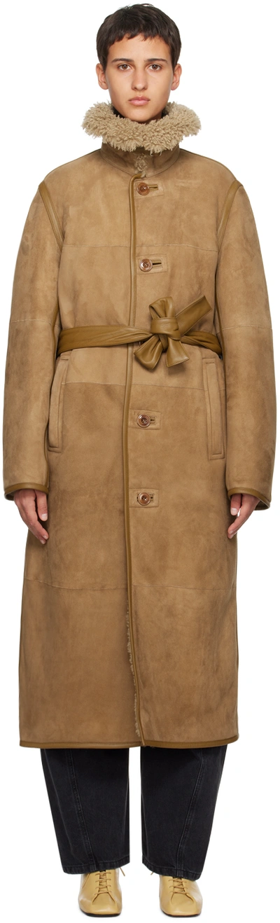 Shop Lemaire Beige Long Shearling Coat In Bg265 Sand Stone