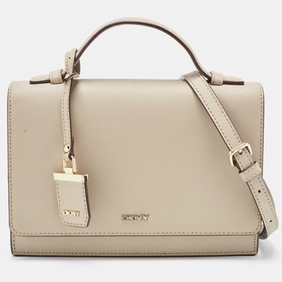 Pre-owned Dkny Beige Saffiano Leather Logo Flap Top Handle Bag