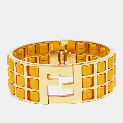 Pre-owned Fendi Sta Yellow Leather Braided Gold Tone Cuff Bracelet