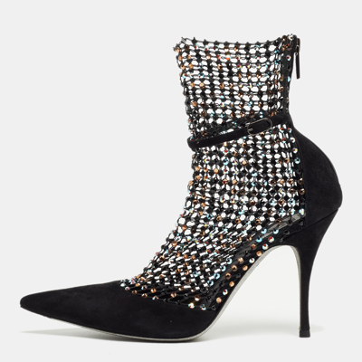 Pre-owned René Caovilla Rene Caovilla Black Suede And Mesh Crystal Embellished Galaxia Pointed Toe Ankle Strap Booties Size 